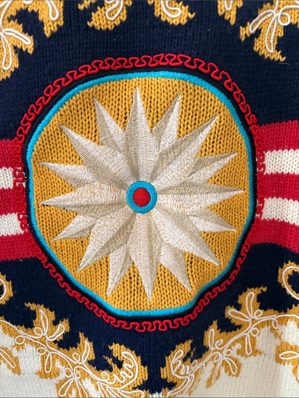 Vintage Susan Bristol Cream Crewneck Sweater with Red, Navy & Gold Medallion - Picture 2 of 12